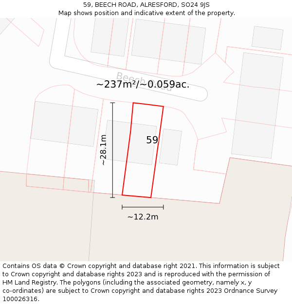 59, BEECH ROAD, ALRESFORD, SO24 9JS: Plot and title map