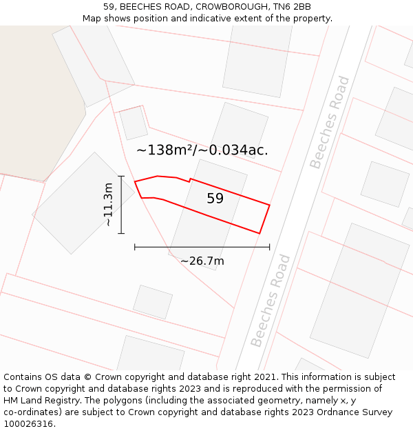 59, BEECHES ROAD, CROWBOROUGH, TN6 2BB: Plot and title map