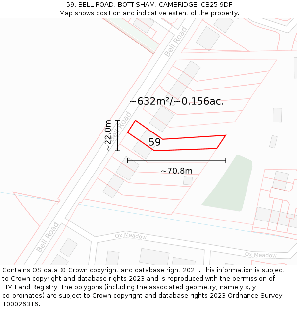 59, BELL ROAD, BOTTISHAM, CAMBRIDGE, CB25 9DF: Plot and title map