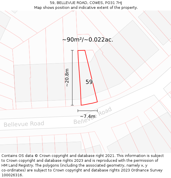 59, BELLEVUE ROAD, COWES, PO31 7HJ: Plot and title map