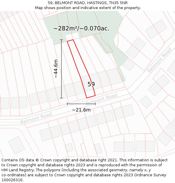 59, BELMONT ROAD, HASTINGS, TN35 5NR: Plot and title map