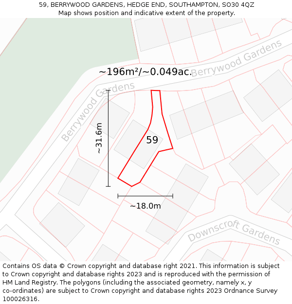 59, BERRYWOOD GARDENS, HEDGE END, SOUTHAMPTON, SO30 4QZ: Plot and title map
