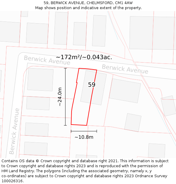 59, BERWICK AVENUE, CHELMSFORD, CM1 4AW: Plot and title map