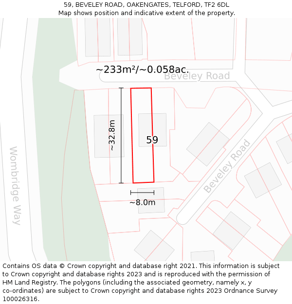 59, BEVELEY ROAD, OAKENGATES, TELFORD, TF2 6DL: Plot and title map
