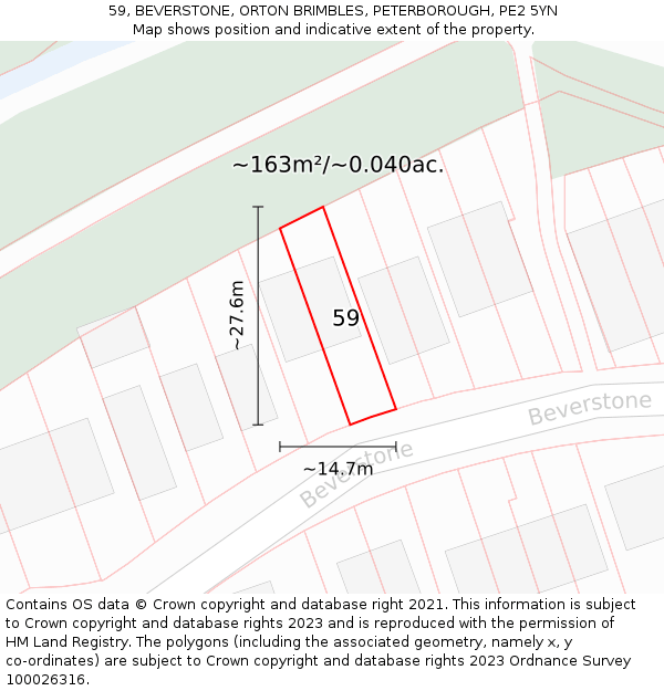 59, BEVERSTONE, ORTON BRIMBLES, PETERBOROUGH, PE2 5YN: Plot and title map