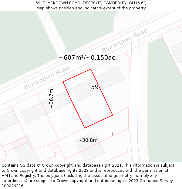 59, BLACKDOWN ROAD, DEEPCUT, CAMBERLEY, GU16 6QJ: Plot and title map