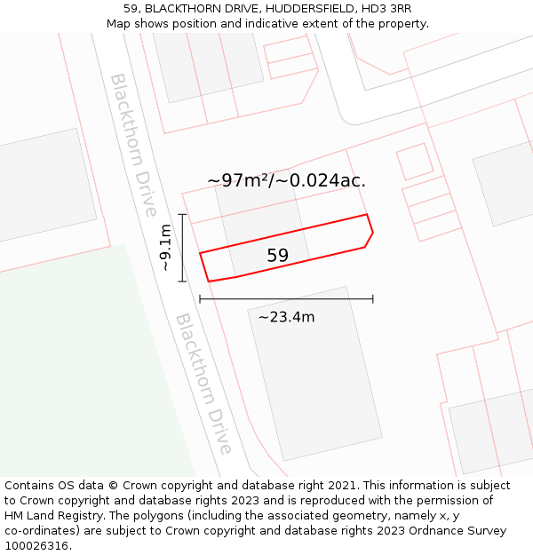59, BLACKTHORN DRIVE, HUDDERSFIELD, HD3 3RR: Plot and title map