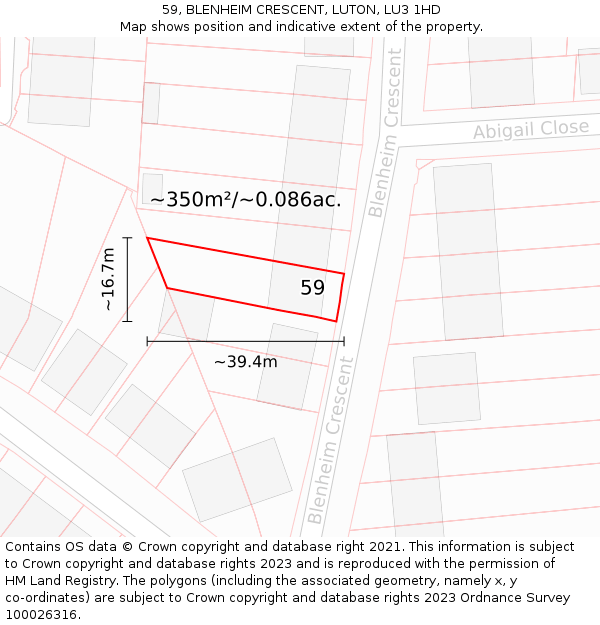 59, BLENHEIM CRESCENT, LUTON, LU3 1HD: Plot and title map