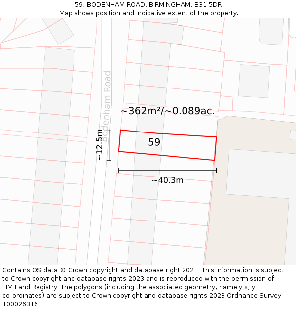 59, BODENHAM ROAD, BIRMINGHAM, B31 5DR: Plot and title map