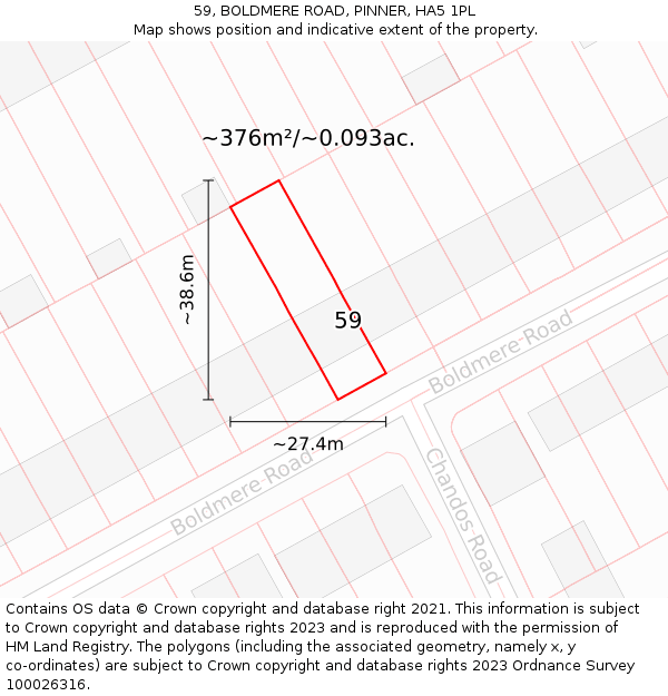 59, BOLDMERE ROAD, PINNER, HA5 1PL: Plot and title map