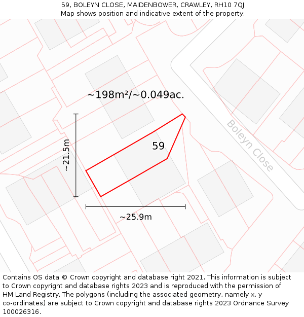 59, BOLEYN CLOSE, MAIDENBOWER, CRAWLEY, RH10 7QJ: Plot and title map