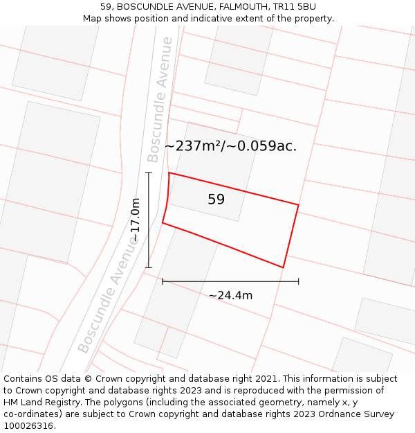 59, BOSCUNDLE AVENUE, FALMOUTH, TR11 5BU: Plot and title map