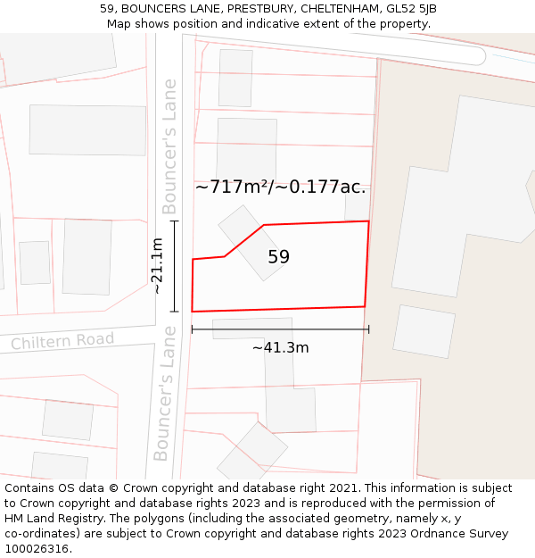 59, BOUNCERS LANE, PRESTBURY, CHELTENHAM, GL52 5JB: Plot and title map