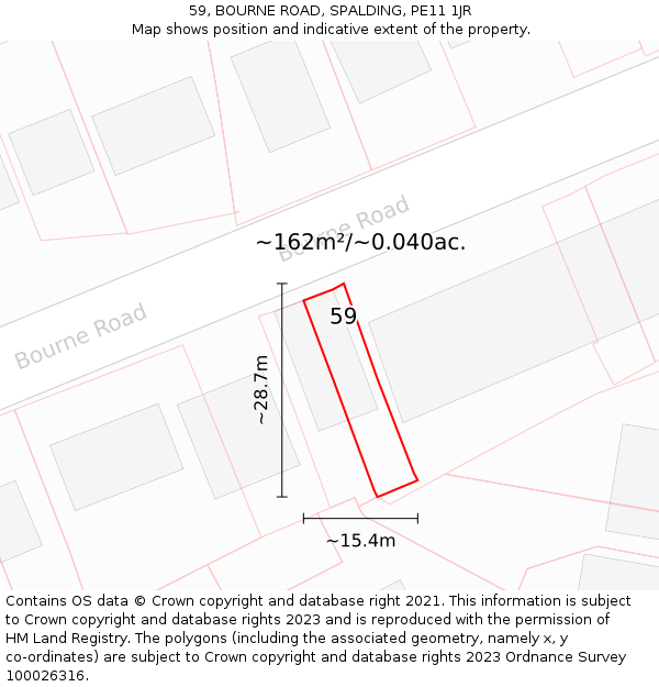 59, BOURNE ROAD, SPALDING, PE11 1JR: Plot and title map