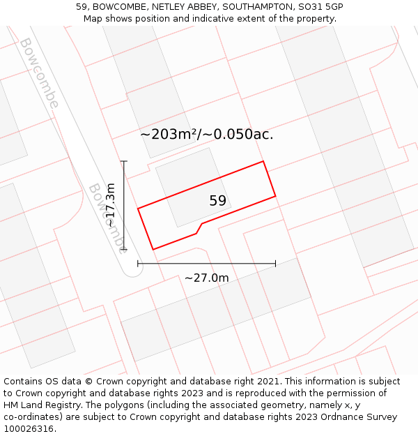 59, BOWCOMBE, NETLEY ABBEY, SOUTHAMPTON, SO31 5GP: Plot and title map
