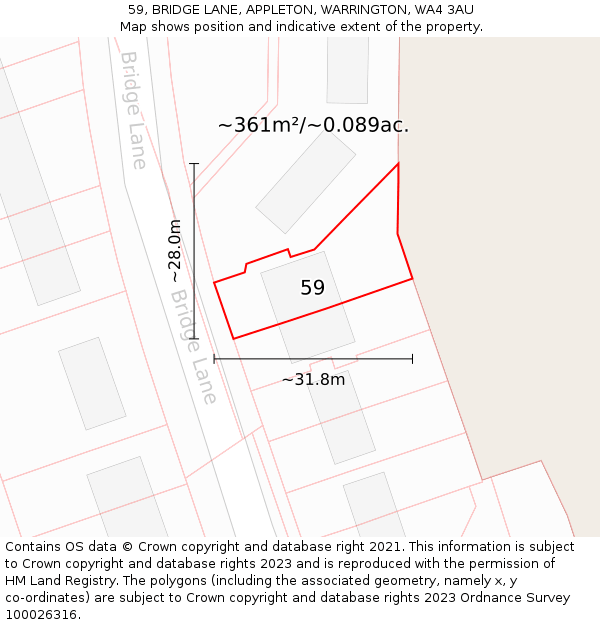 59, BRIDGE LANE, APPLETON, WARRINGTON, WA4 3AU: Plot and title map