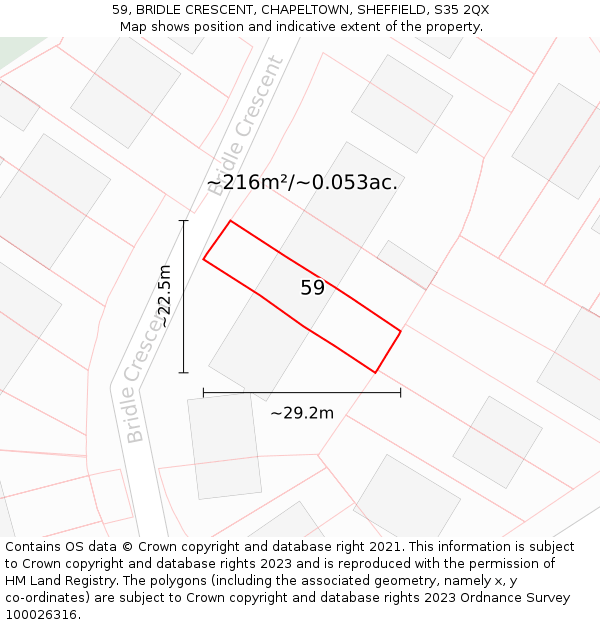 59, BRIDLE CRESCENT, CHAPELTOWN, SHEFFIELD, S35 2QX: Plot and title map