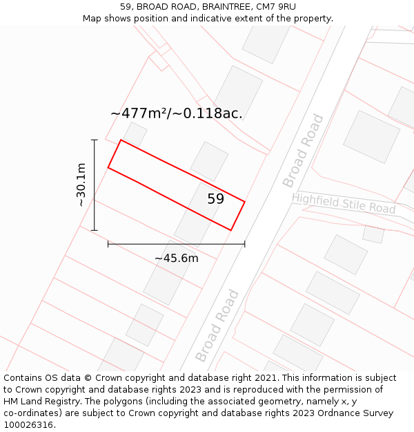59, BROAD ROAD, BRAINTREE, CM7 9RU: Plot and title map