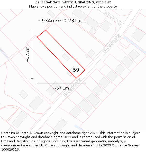 59, BROADGATE, WESTON, SPALDING, PE12 6HY: Plot and title map