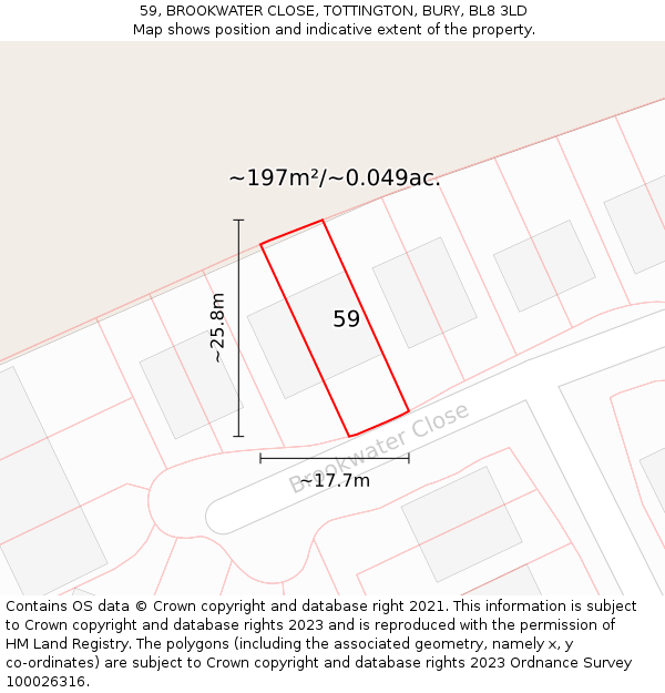 59, BROOKWATER CLOSE, TOTTINGTON, BURY, BL8 3LD: Plot and title map