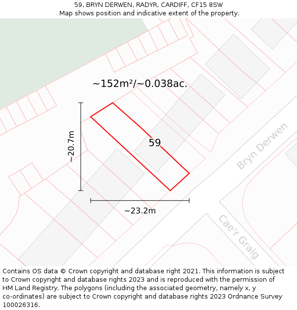 59, BRYN DERWEN, RADYR, CARDIFF, CF15 8SW: Plot and title map