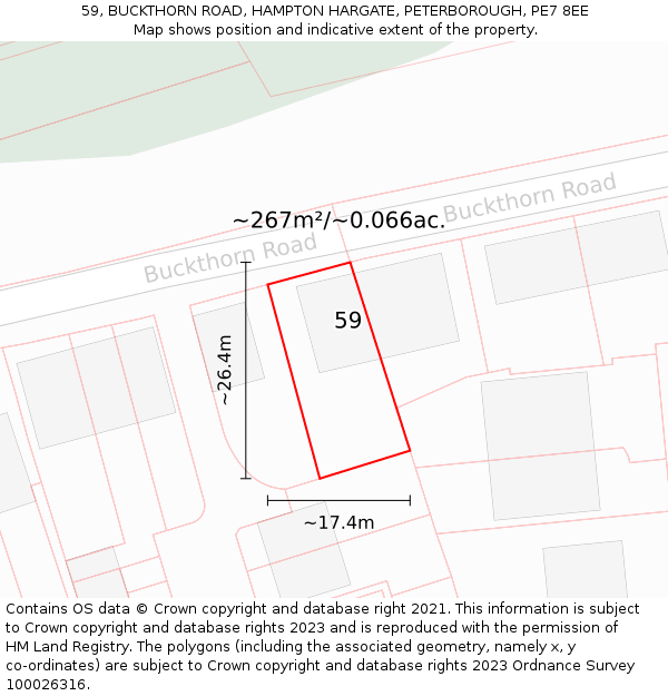 59, BUCKTHORN ROAD, HAMPTON HARGATE, PETERBOROUGH, PE7 8EE: Plot and title map