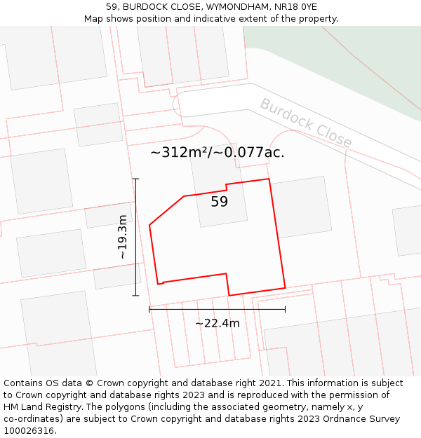 59, BURDOCK CLOSE, WYMONDHAM, NR18 0YE: Plot and title map