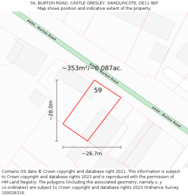 59, BURTON ROAD, CASTLE GRESLEY, SWADLINCOTE, DE11 9EP: Plot and title map