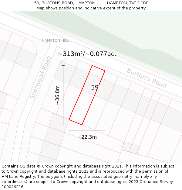 59, BURTONS ROAD, HAMPTON HILL, HAMPTON, TW12 1DE: Plot and title map