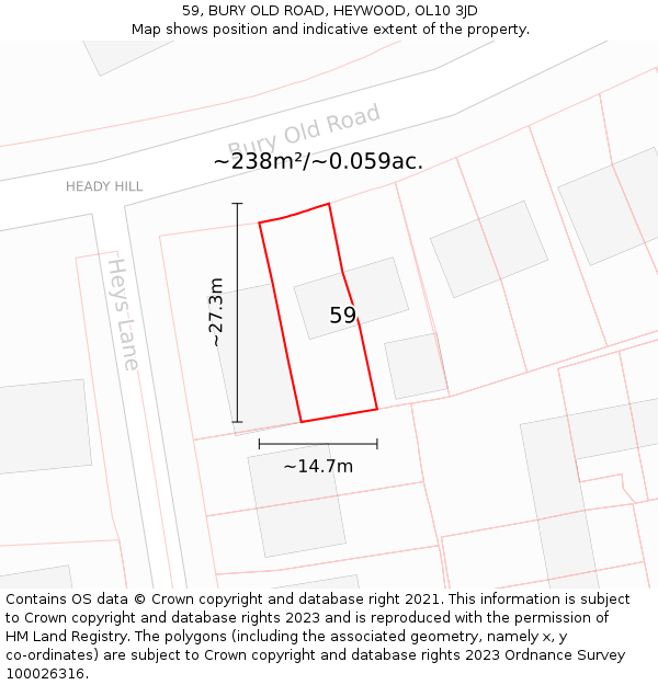 59, BURY OLD ROAD, HEYWOOD, OL10 3JD: Plot and title map