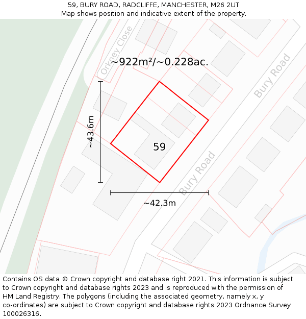 59, BURY ROAD, RADCLIFFE, MANCHESTER, M26 2UT: Plot and title map