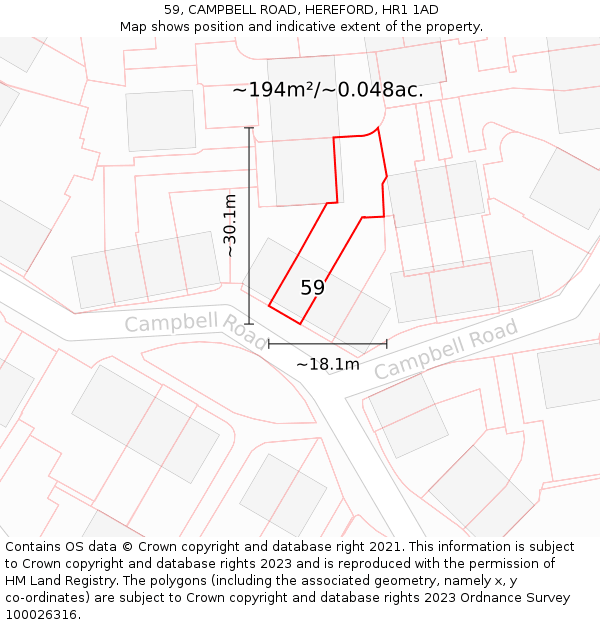 59, CAMPBELL ROAD, HEREFORD, HR1 1AD: Plot and title map