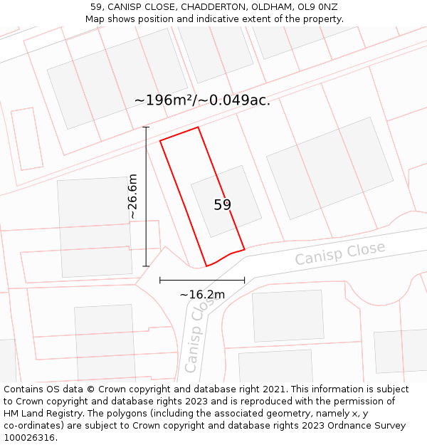 59, CANISP CLOSE, CHADDERTON, OLDHAM, OL9 0NZ: Plot and title map