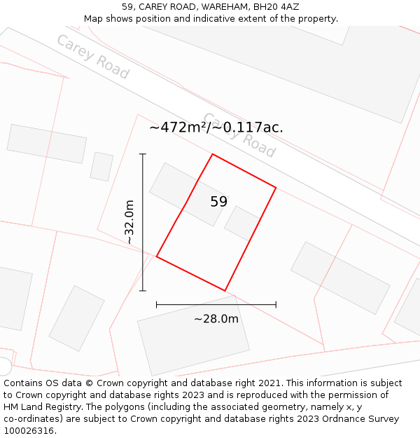59, CAREY ROAD, WAREHAM, BH20 4AZ: Plot and title map