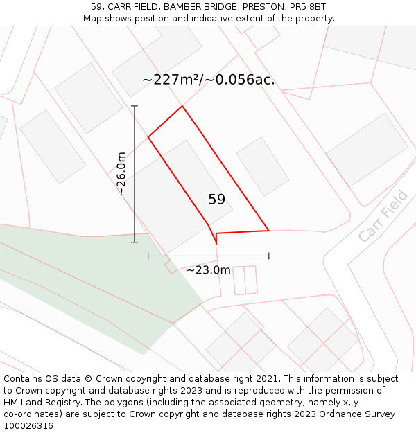 59, CARR FIELD, BAMBER BRIDGE, PRESTON, PR5 8BT: Plot and title map