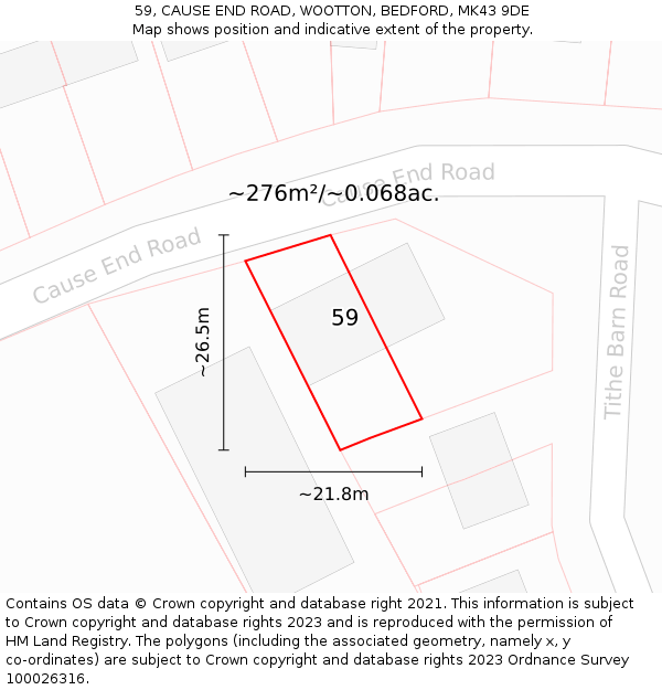 59, CAUSE END ROAD, WOOTTON, BEDFORD, MK43 9DE: Plot and title map