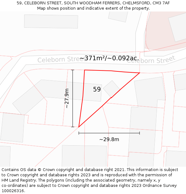 59, CELEBORN STREET, SOUTH WOODHAM FERRERS, CHELMSFORD, CM3 7AF: Plot and title map