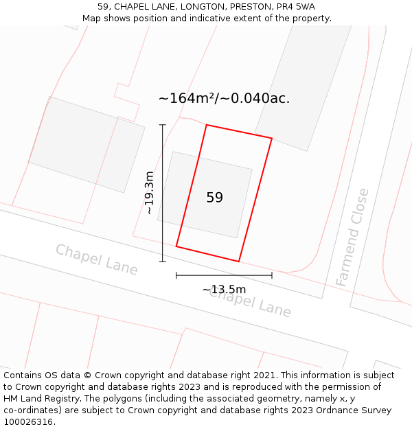 59, CHAPEL LANE, LONGTON, PRESTON, PR4 5WA: Plot and title map