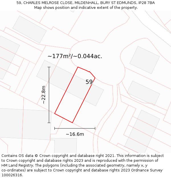 59, CHARLES MELROSE CLOSE, MILDENHALL, BURY ST EDMUNDS, IP28 7BA: Plot and title map