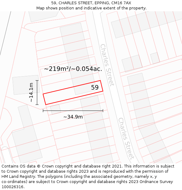59, CHARLES STREET, EPPING, CM16 7AX: Plot and title map
