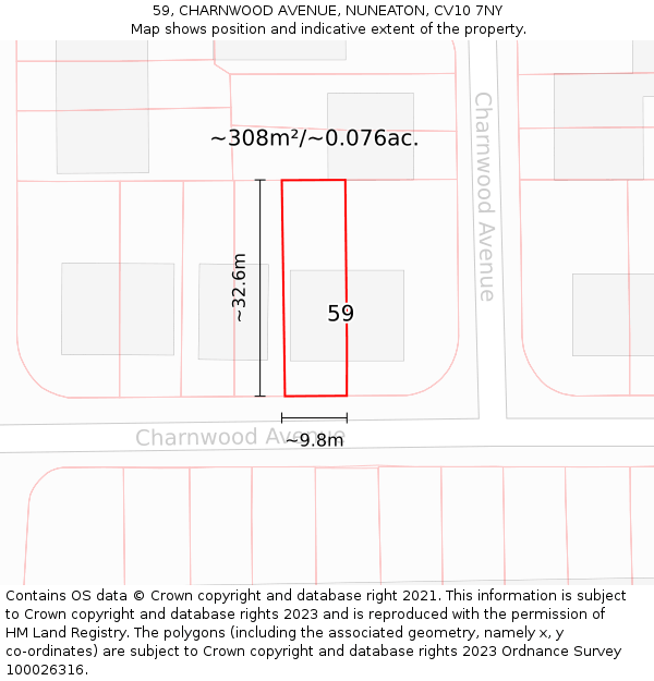 59, CHARNWOOD AVENUE, NUNEATON, CV10 7NY: Plot and title map