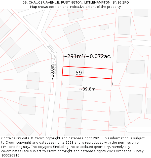 59, CHAUCER AVENUE, RUSTINGTON, LITTLEHAMPTON, BN16 2PQ: Plot and title map