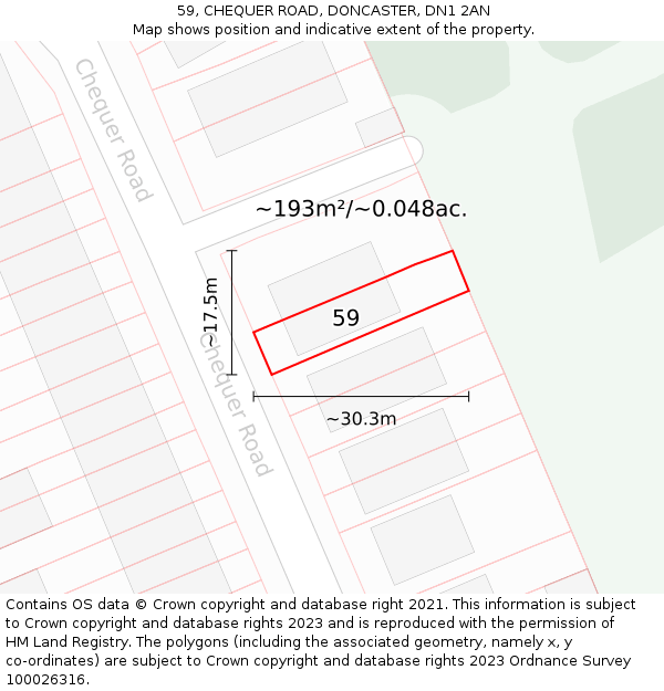 59, CHEQUER ROAD, DONCASTER, DN1 2AN: Plot and title map