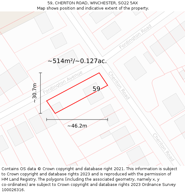 59, CHERITON ROAD, WINCHESTER, SO22 5AX: Plot and title map