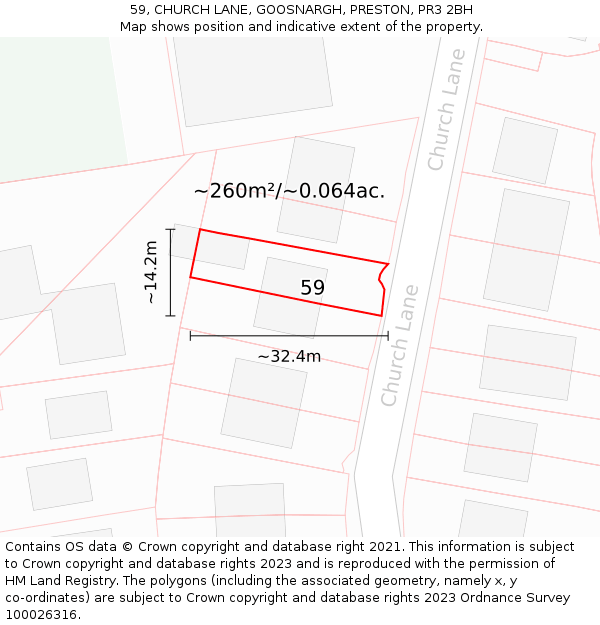 59, CHURCH LANE, GOOSNARGH, PRESTON, PR3 2BH: Plot and title map