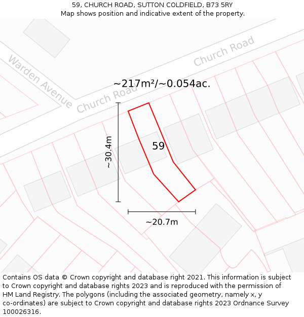 59, CHURCH ROAD, SUTTON COLDFIELD, B73 5RY: Plot and title map
