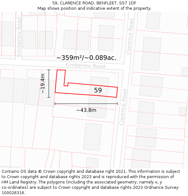 59, CLARENCE ROAD, BENFLEET, SS7 1DF: Plot and title map