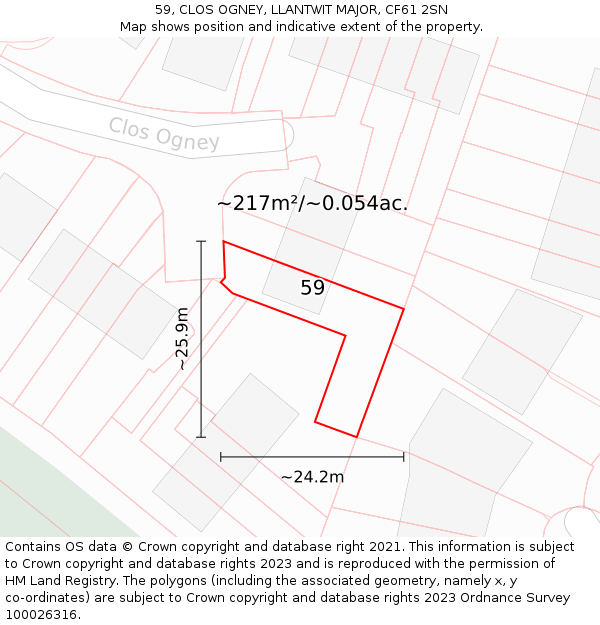 59, CLOS OGNEY, LLANTWIT MAJOR, CF61 2SN: Plot and title map
