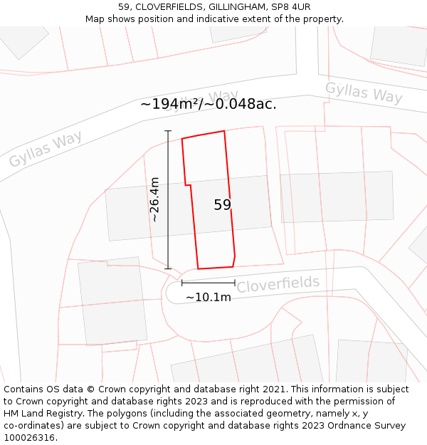 59, CLOVERFIELDS, GILLINGHAM, SP8 4UR: Plot and title map