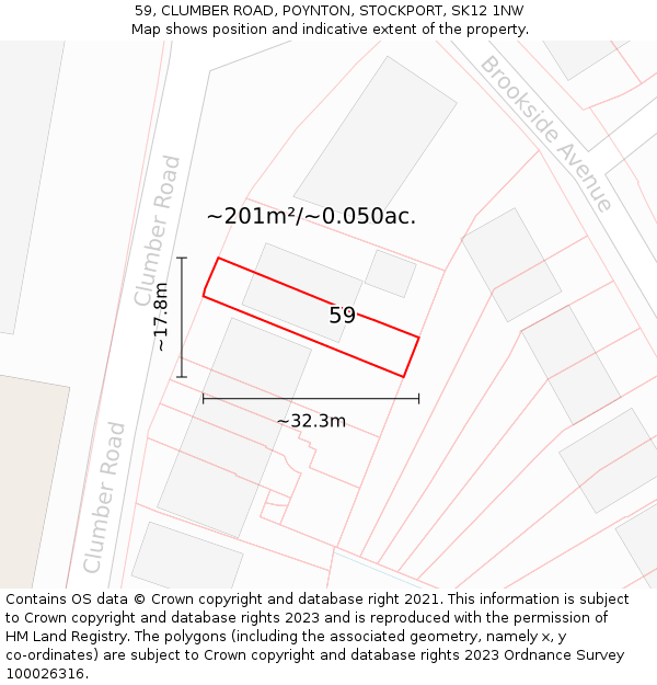 59, CLUMBER ROAD, POYNTON, STOCKPORT, SK12 1NW: Plot and title map